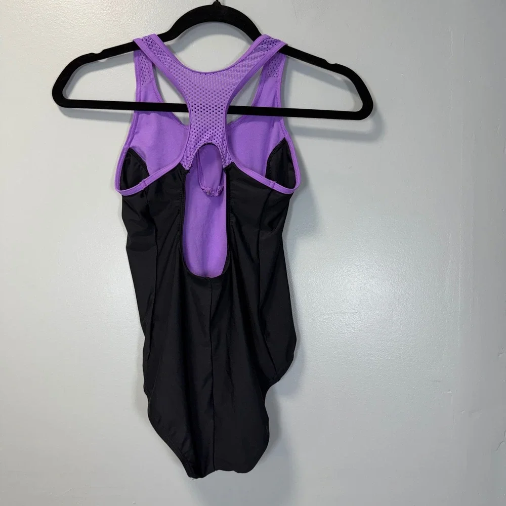 ZeroXposur‎ Girls Tropical Leaf One Piece Swimsuit Purple Blue Zip Front Sz L 14